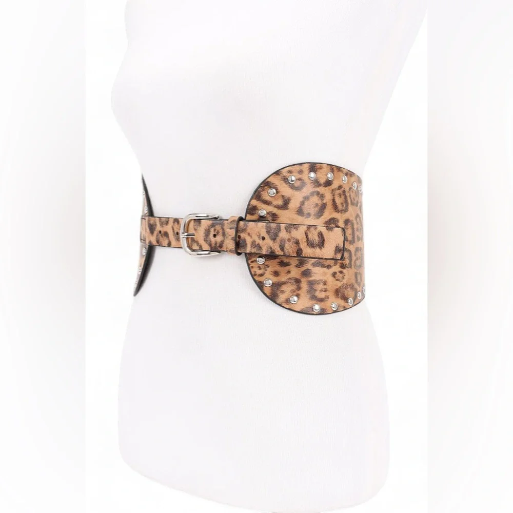 Vegan Leather Leopard Animal Print Statement Belt with Silver Accents